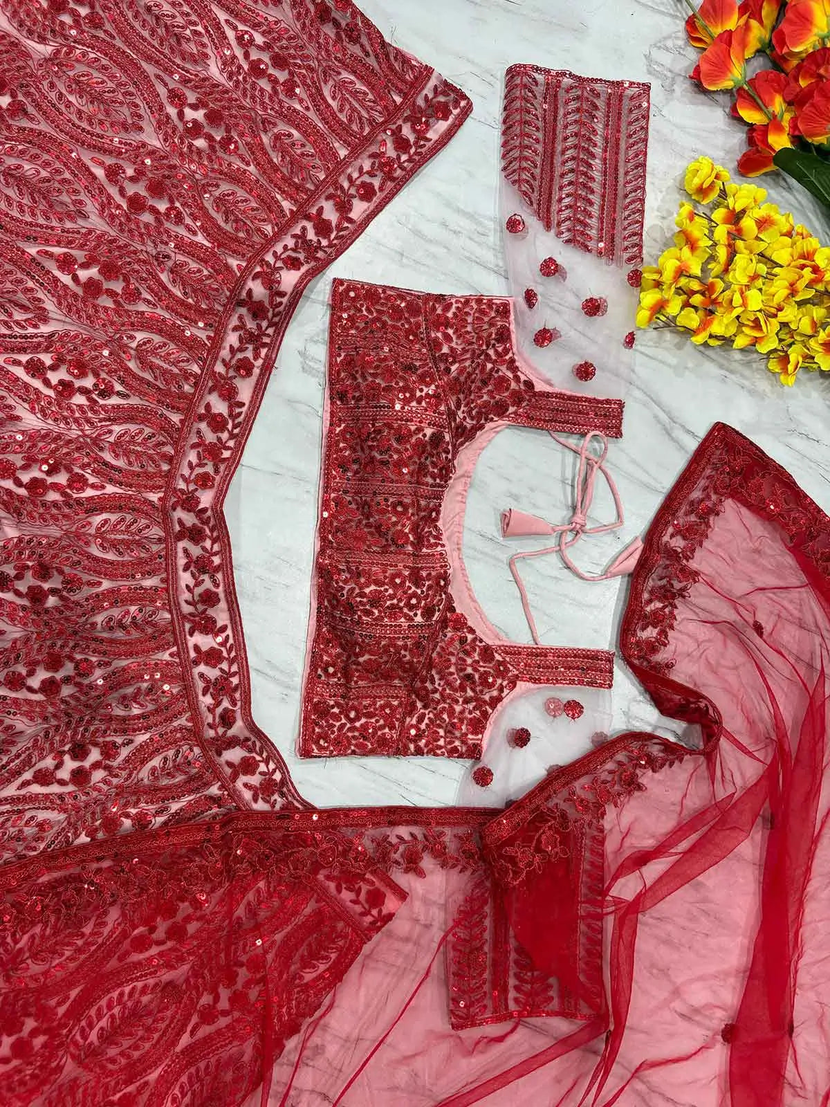 Red Sequins Coding Embroidery Work Soft Net Party Wear Lehenga