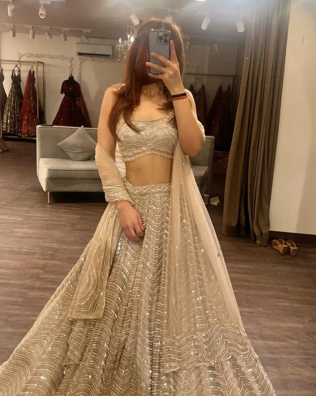 Ivory Cream Organza Lehenga With Beautiful Coding And Sequins Embroidery Work
