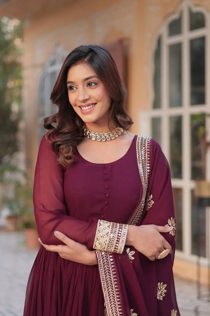 Dark Maroon Designer Gown With Sequins Embroidery work With Dupatta