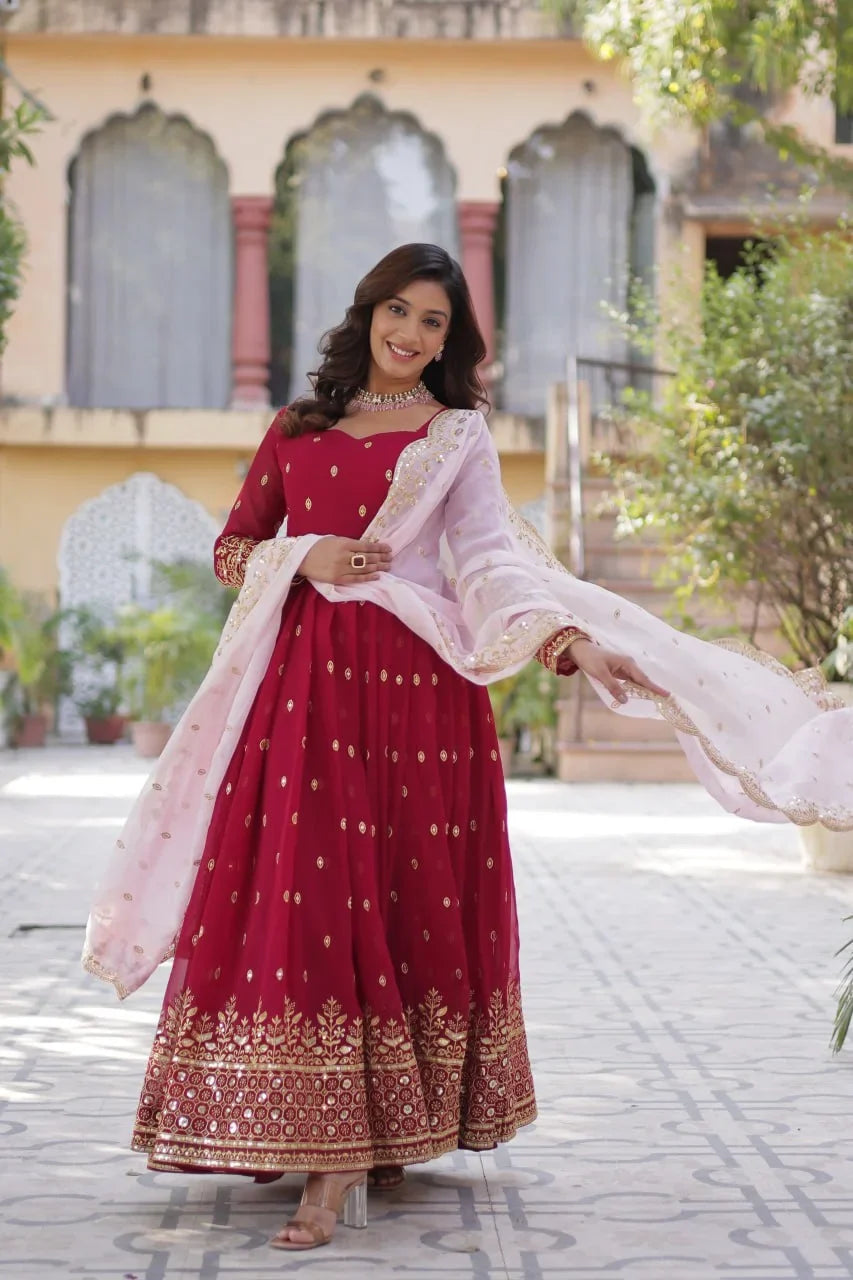 Paprika Red Georgette Sequins Embroidery Work Gown With Contras Dupatta