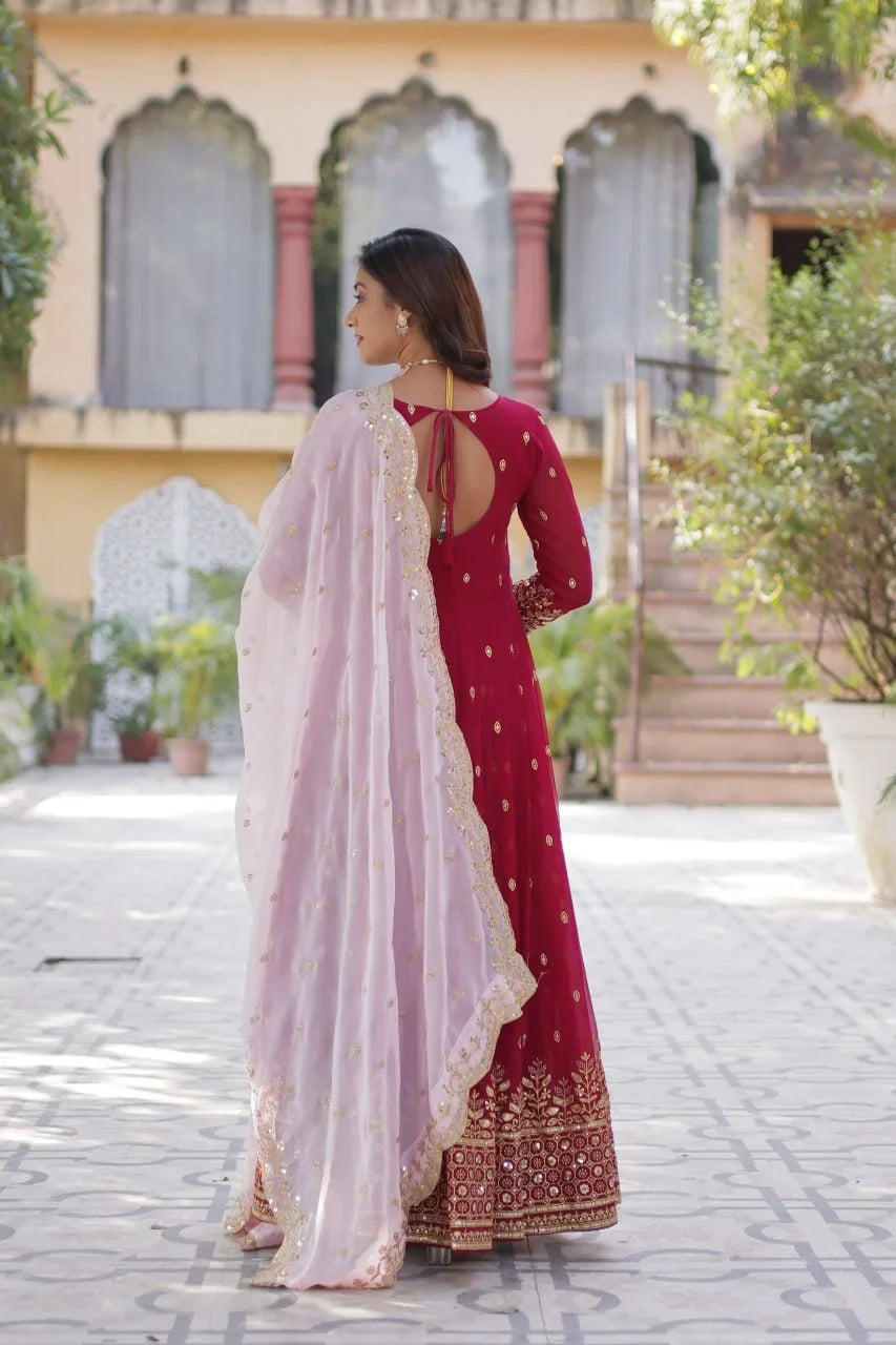 Paprika Red Georgette Sequins Embroidery Work Gown With Contras Dupatta
