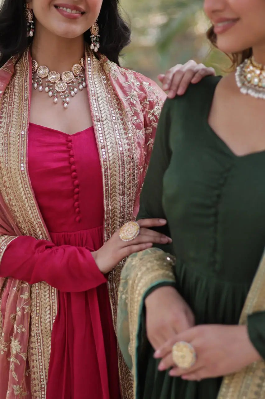 Pink Shimmer Vichitra Rich Sequins Embroidered Gown With Heavy Dupatta