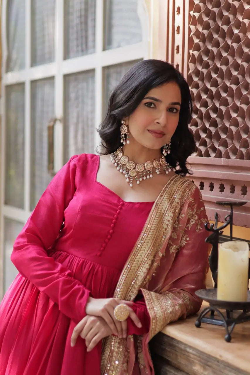 Pink Shimmer Vichitra Rich Sequins Embroidered Gown With Heavy Dupatta