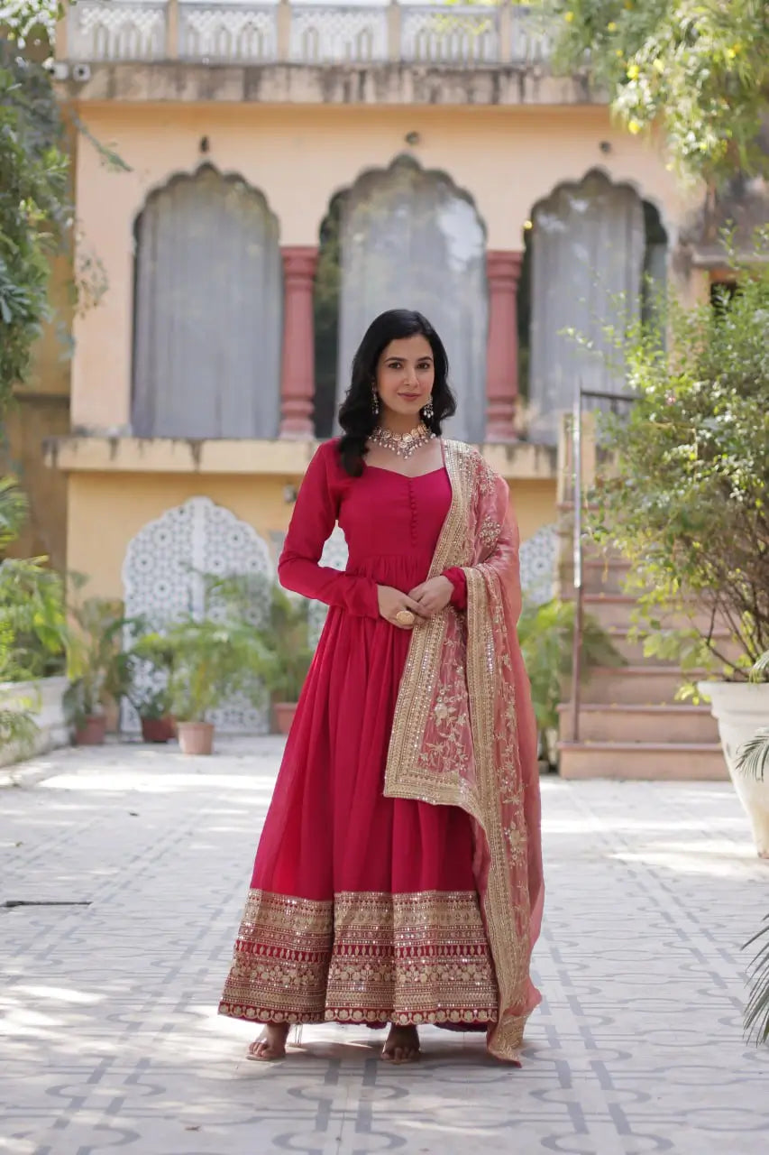 Pink Shimmer Vichitra Rich Sequins Embroidered Gown With Heavy Dupatta