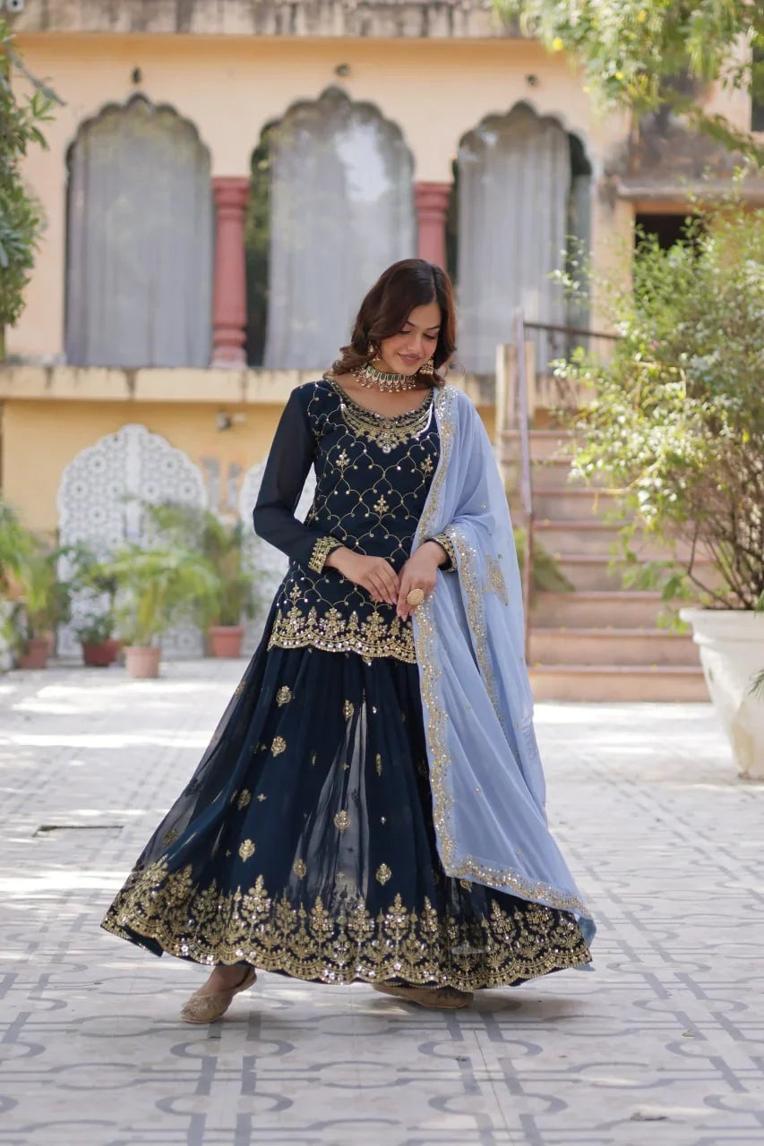 Teal Blue Sequins Embroidery Work Kurti Palazzo Suit With Contras Dupatta