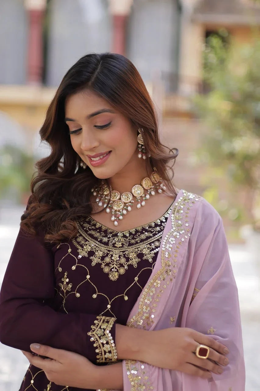 Magenta Purple Sequins Embroidery Work Kurti Palazzo Suit With Contras Dupatta