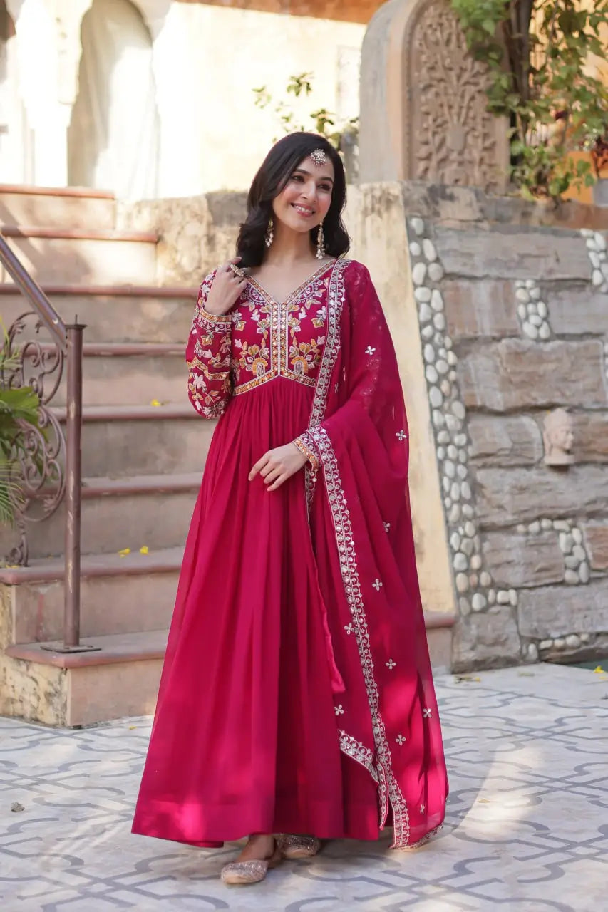 Rose Red Beautiful Thread Sequins Embroidery Work Gown And Dupatta