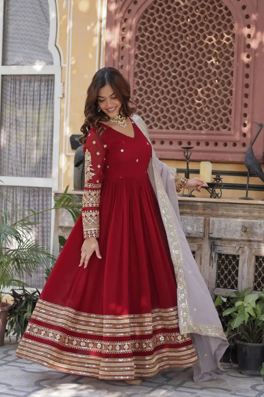 Merlot Red Sequins Embroidery Work Gown With Contras Dupatta