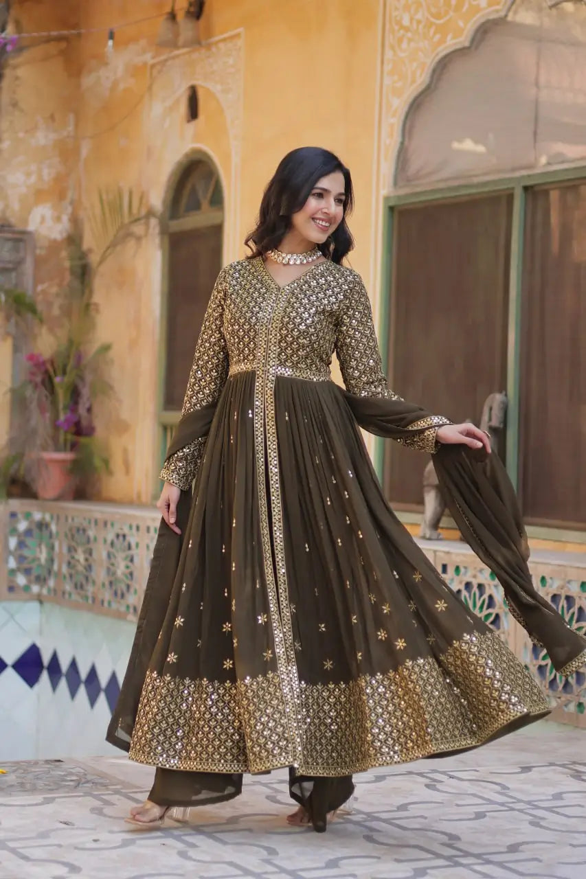 Rangoon Green Georgette Sequins Embroidery Work Front Cut Gown And Dupatta