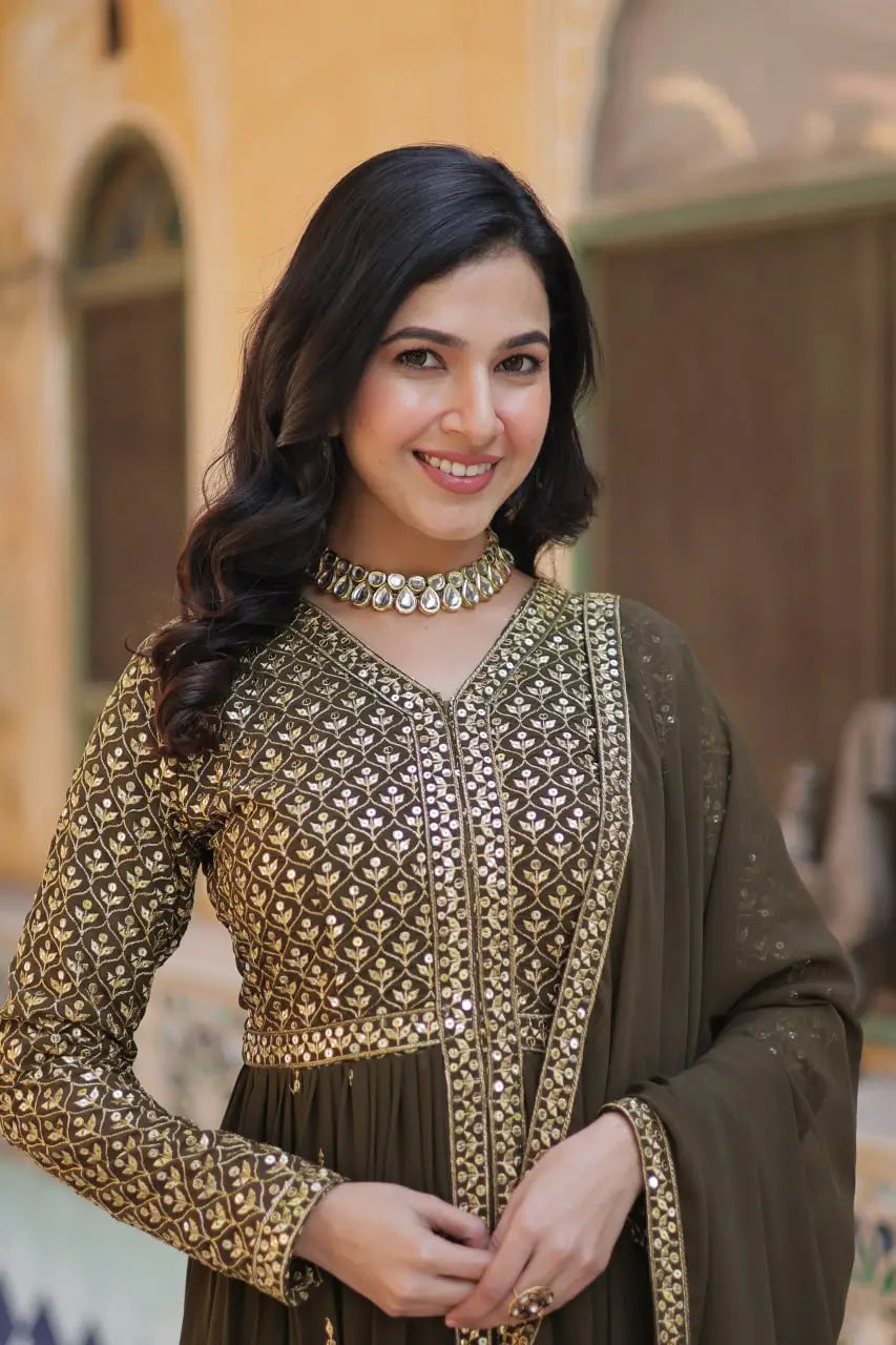 Rangoon Green Georgette Sequins Embroidery Work Front Cut Gown And Dupatta