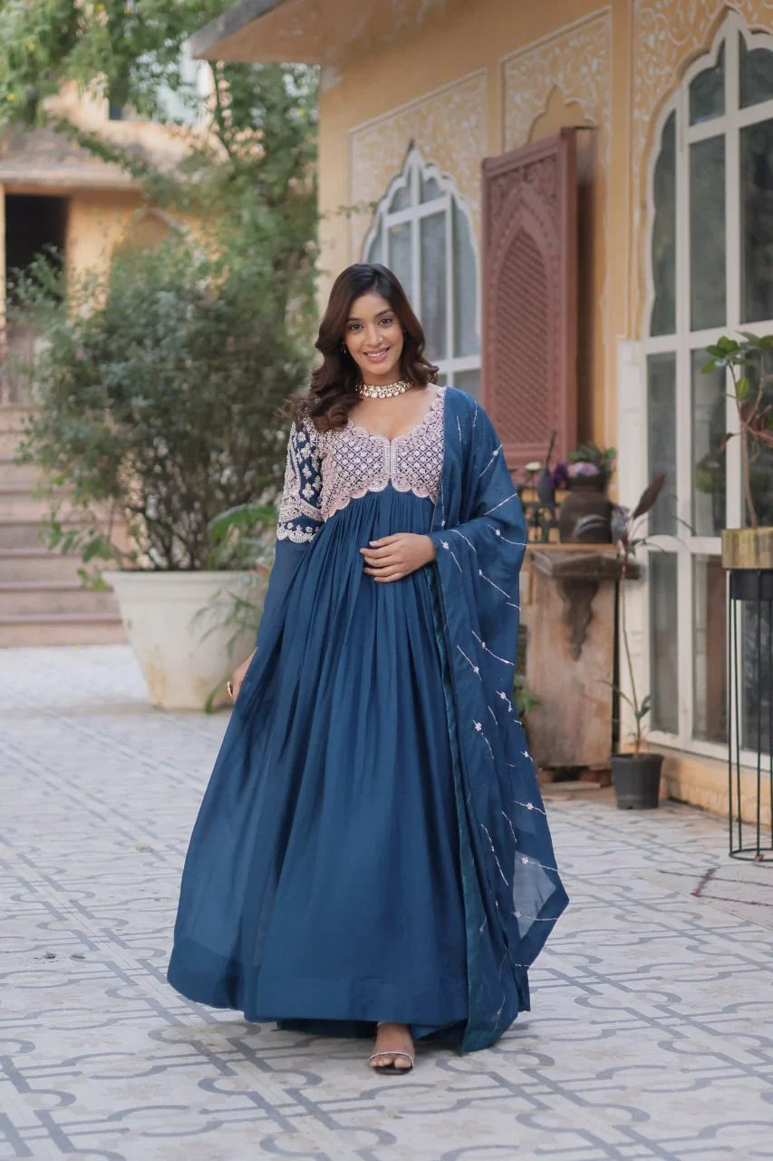Teal Blue Embroidery Beads Sequins Work Georgette Gown With Dupatta