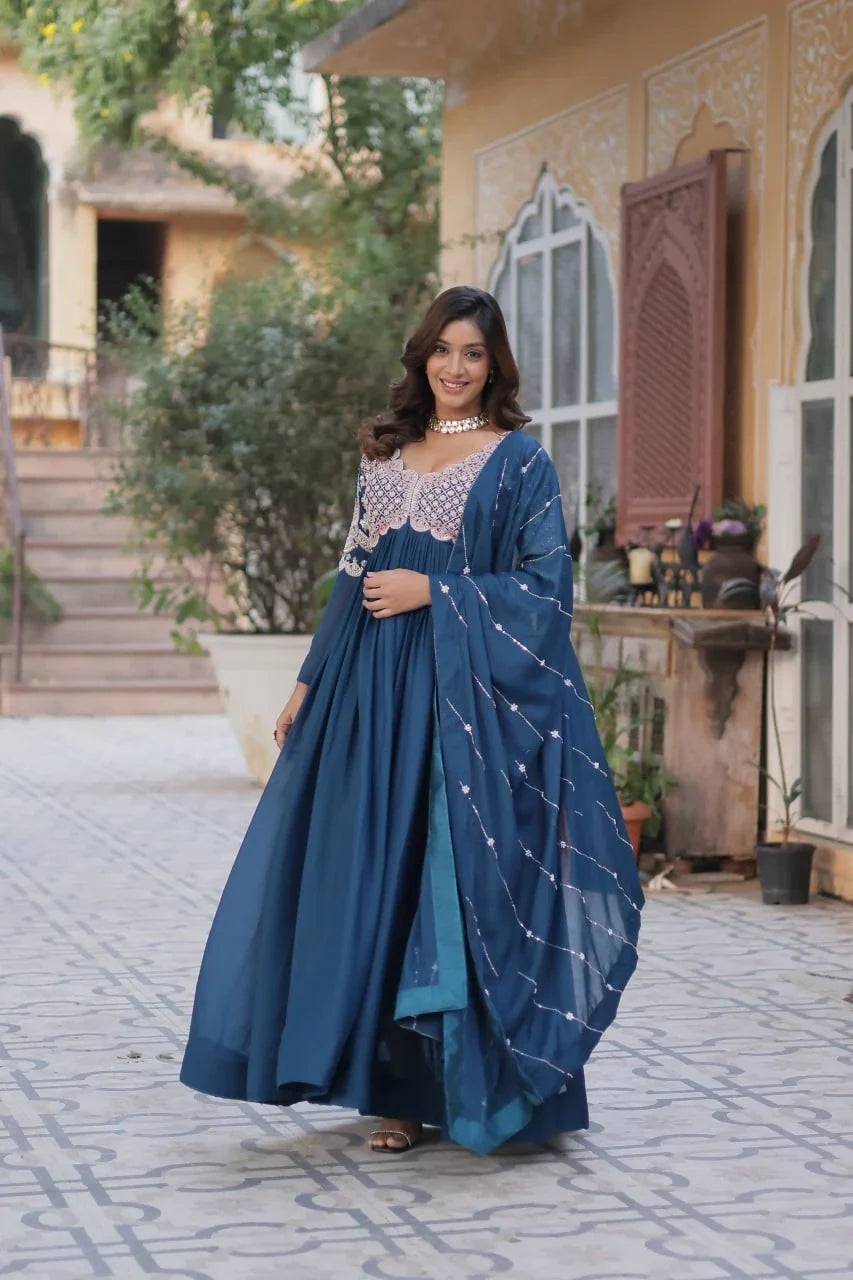 Teal Blue Embroidery Beads Sequins Work Georgette Gown With Dupatta