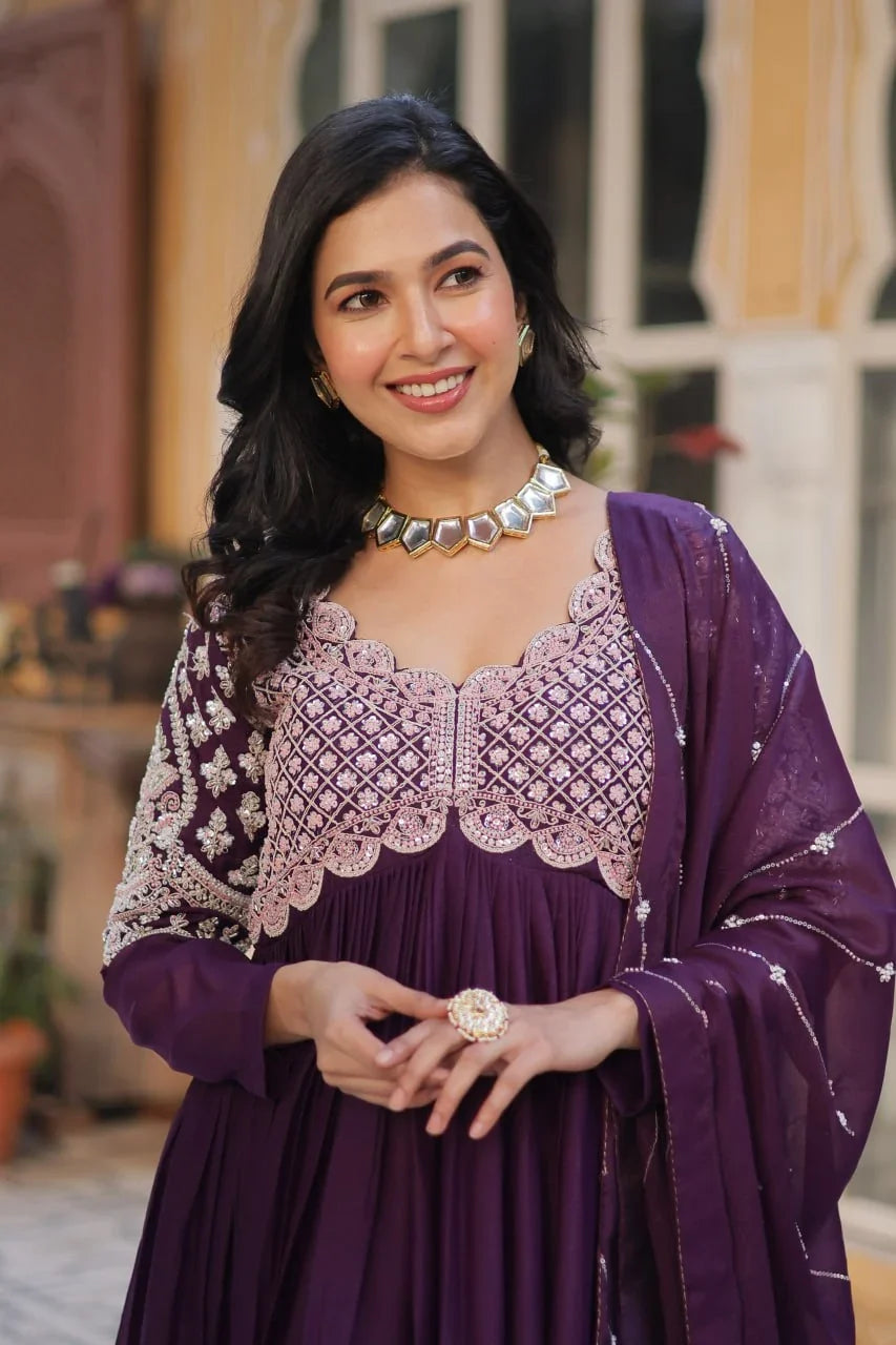 Plum Purple Embroidery Beads Sequins Work Georgette Gown With Dupatta