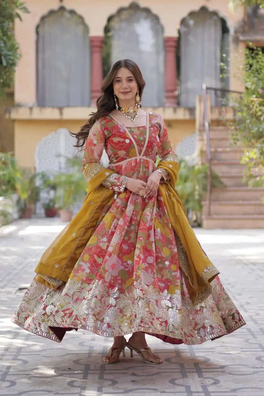 Red With Multi Floral Print Foil Embroidery Sequins Work Gown With Dupatta