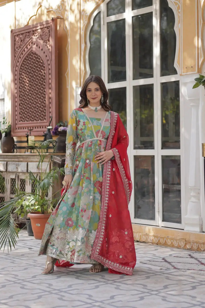 Sky Blue With Multi Floral Print Embroidery Sequins Work Gown With Dupatta