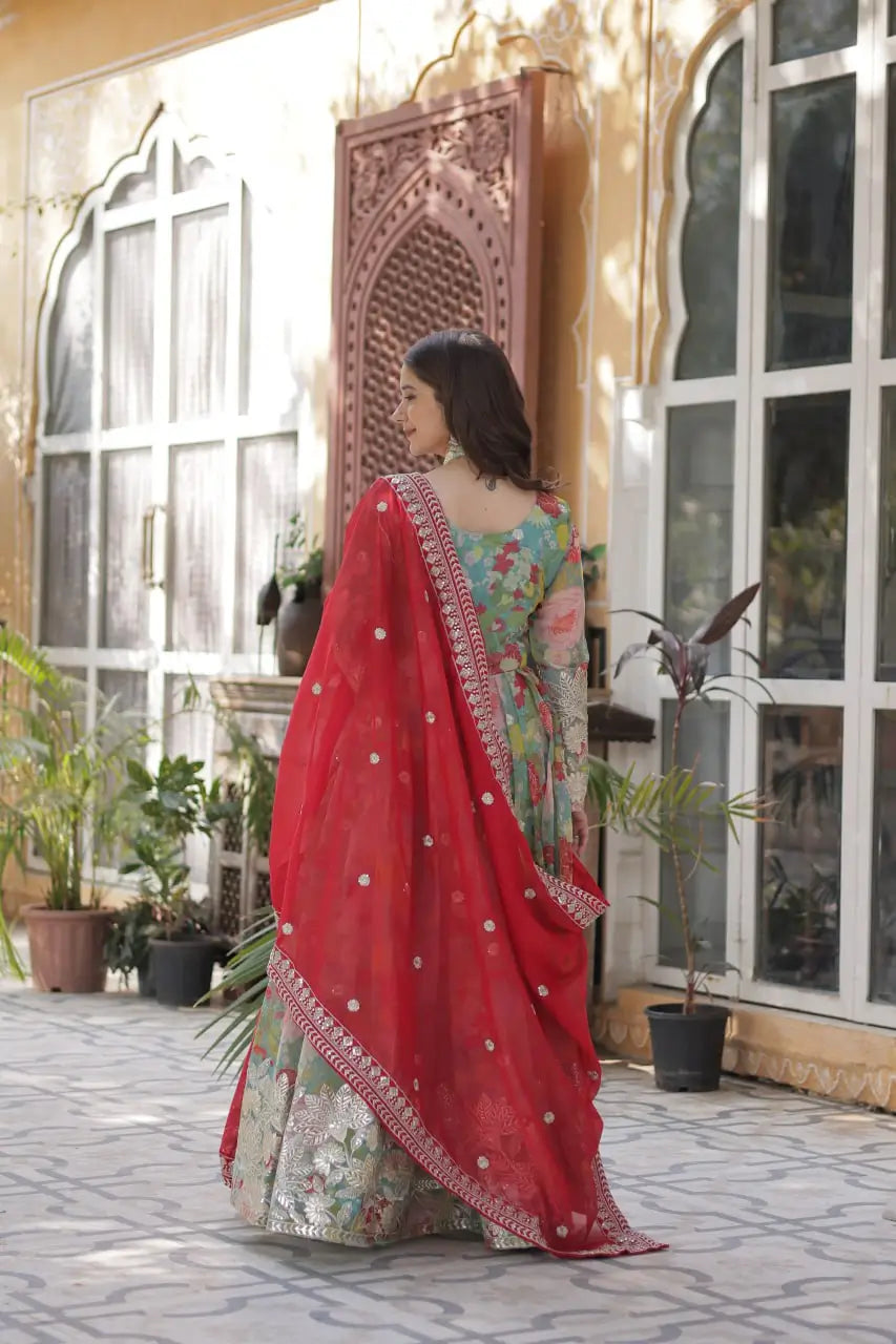 Sky Blue With Multi Floral Print Embroidery Sequins Work Gown With Dupatta