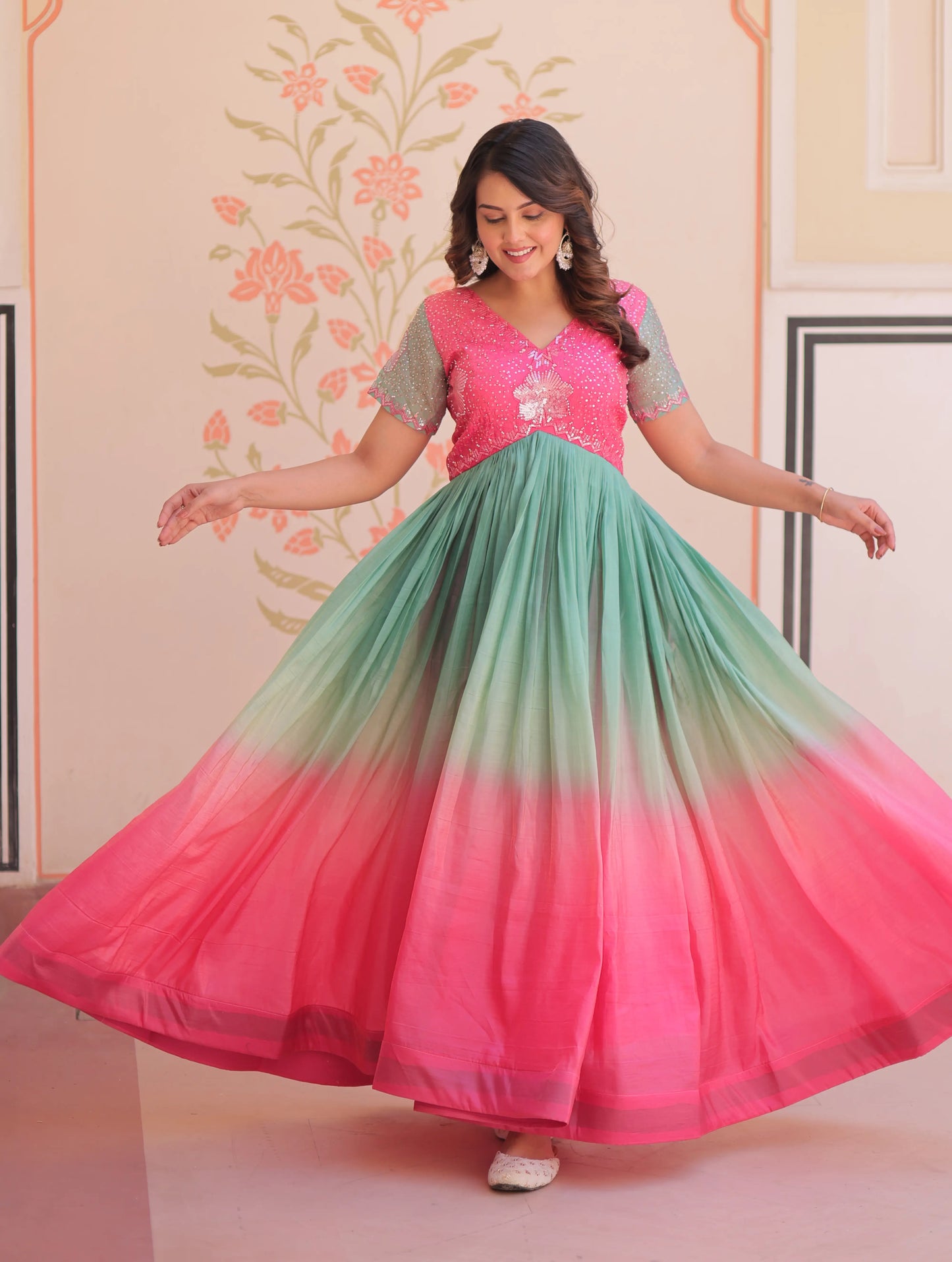 Designer Pink Color Padding & Beads Embroidery Work Gown