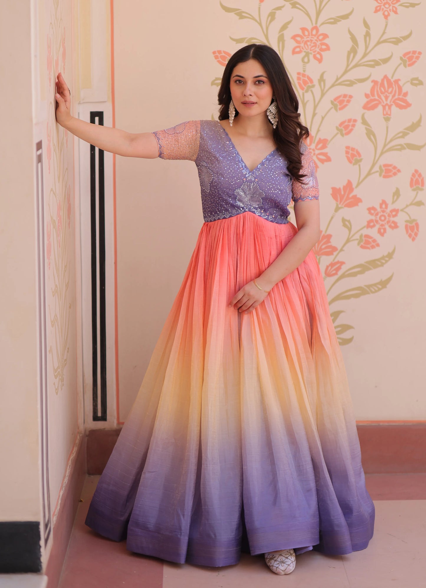 Designer Lavender Color Padding With Beads Embroidery Work Gown