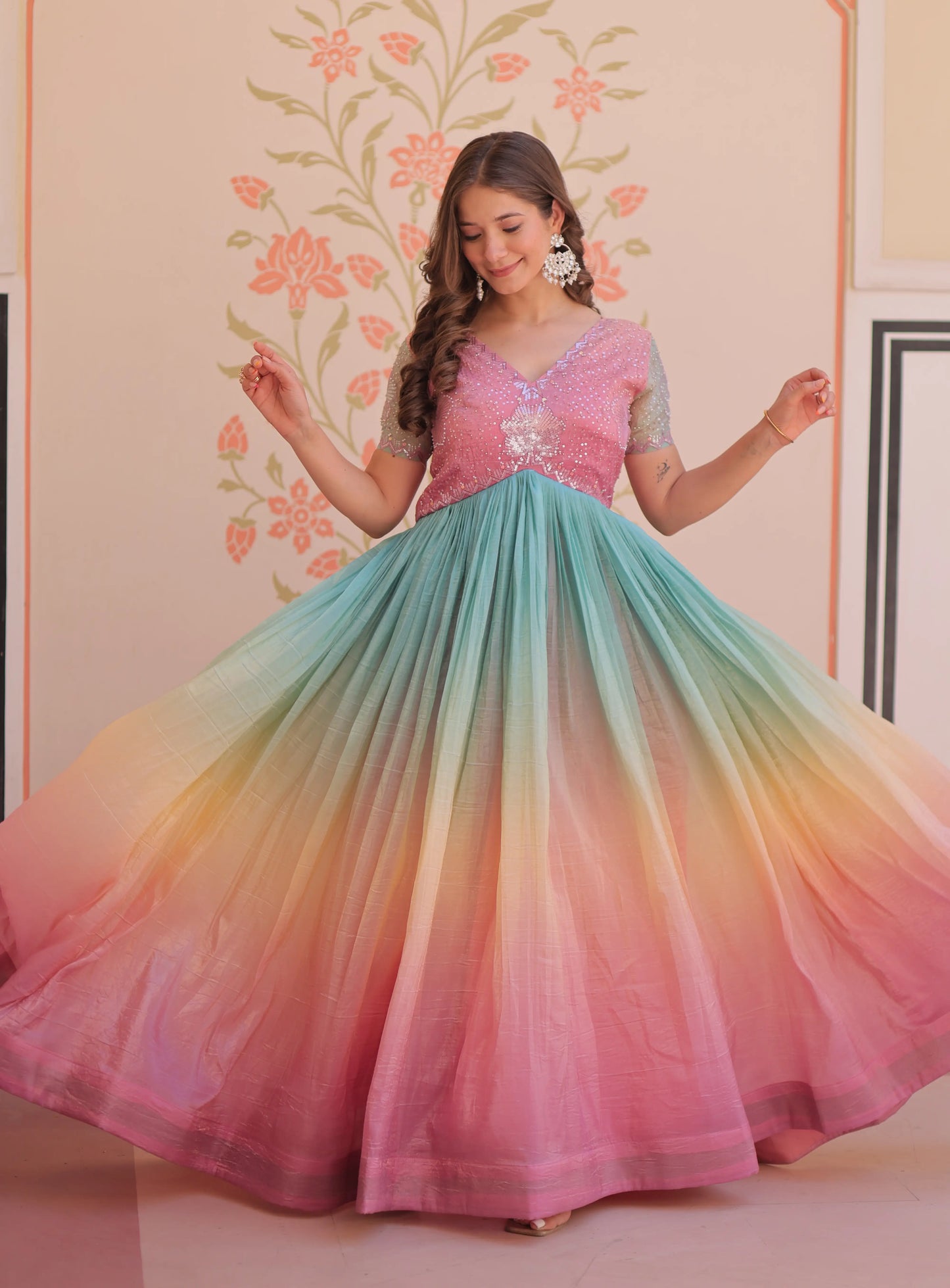 Designer Peach Color Padding & Beads Embroidery Work Gown
