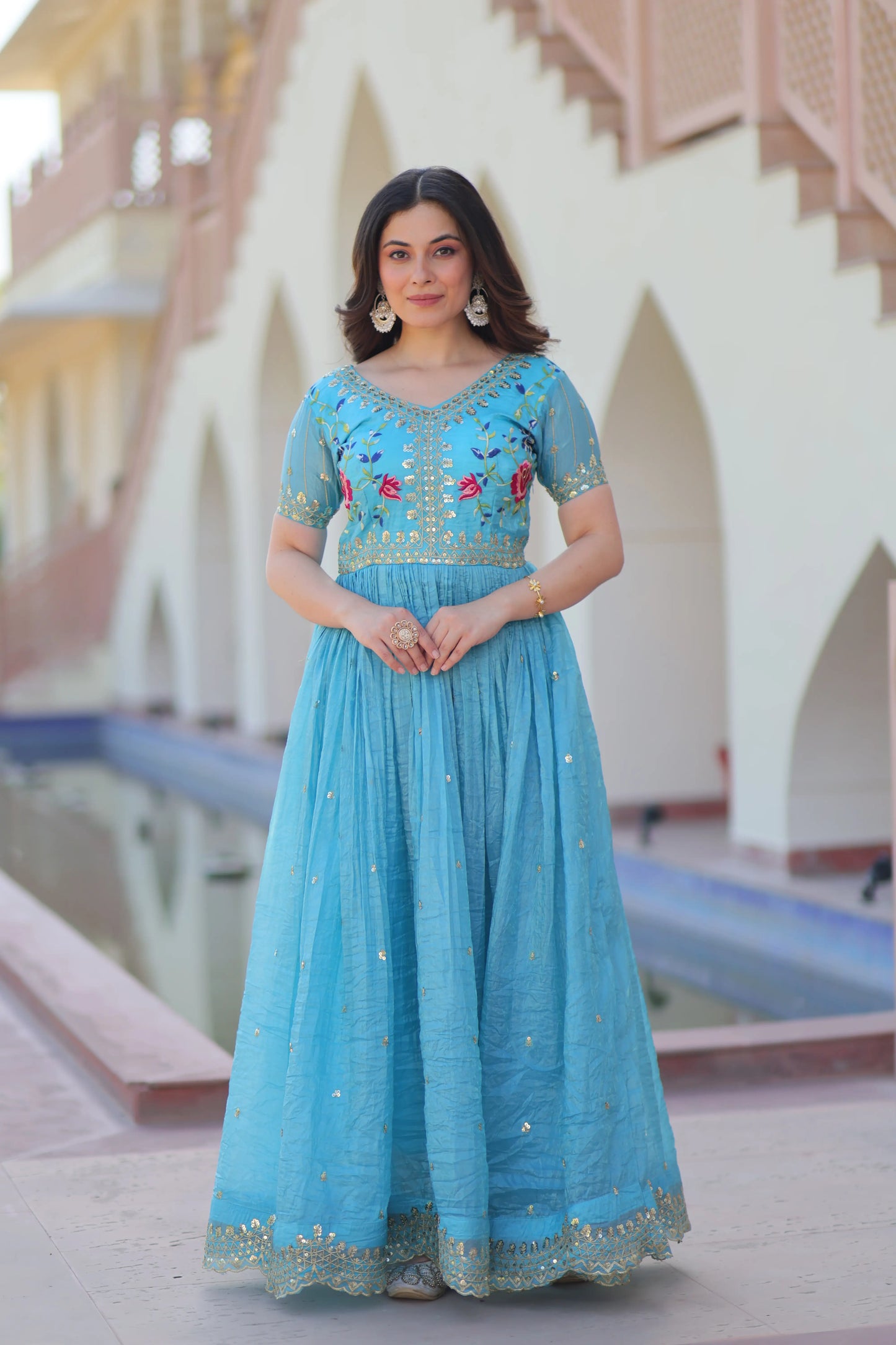 Designer Sky Blue Gold Crush Multi Thread Sequins Embroidery Work Gown