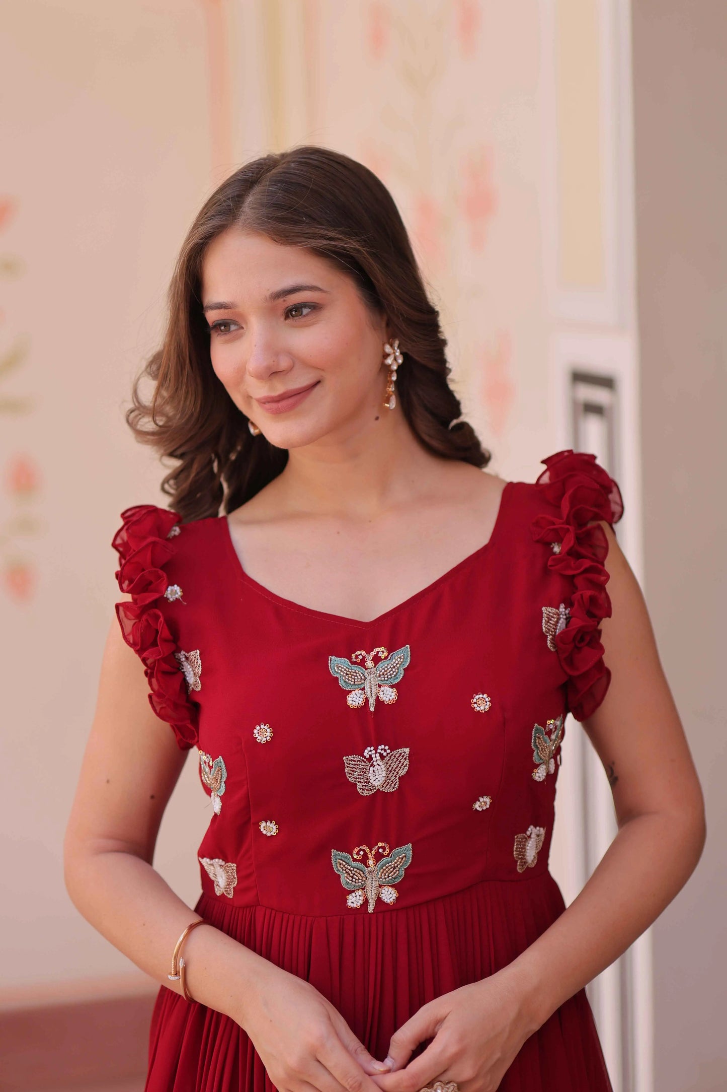 Paprika Red Georgette Multi Thread Beads Embroidery Work Gown