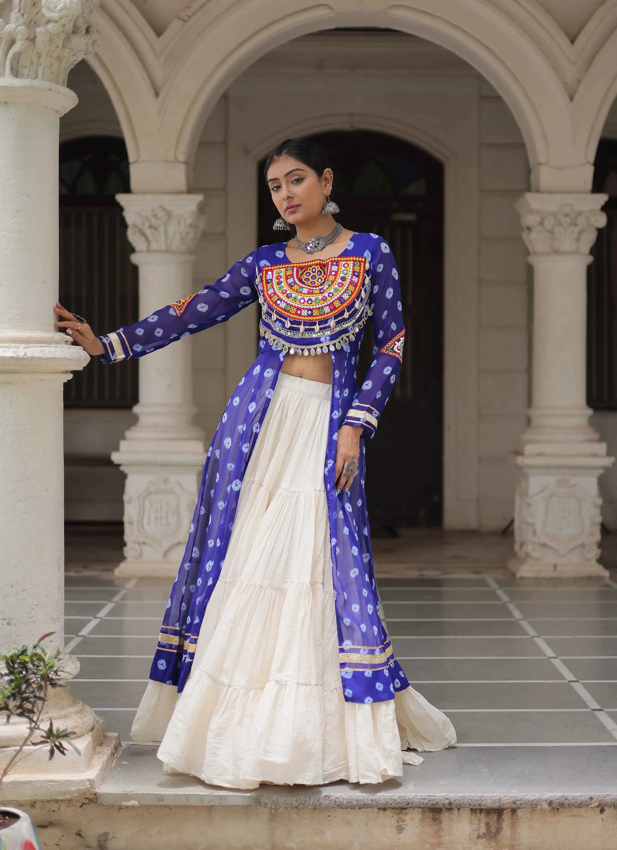 Blue Bandhani Print With Gamthi Patch Work Kurti With Lehenga For Navratri