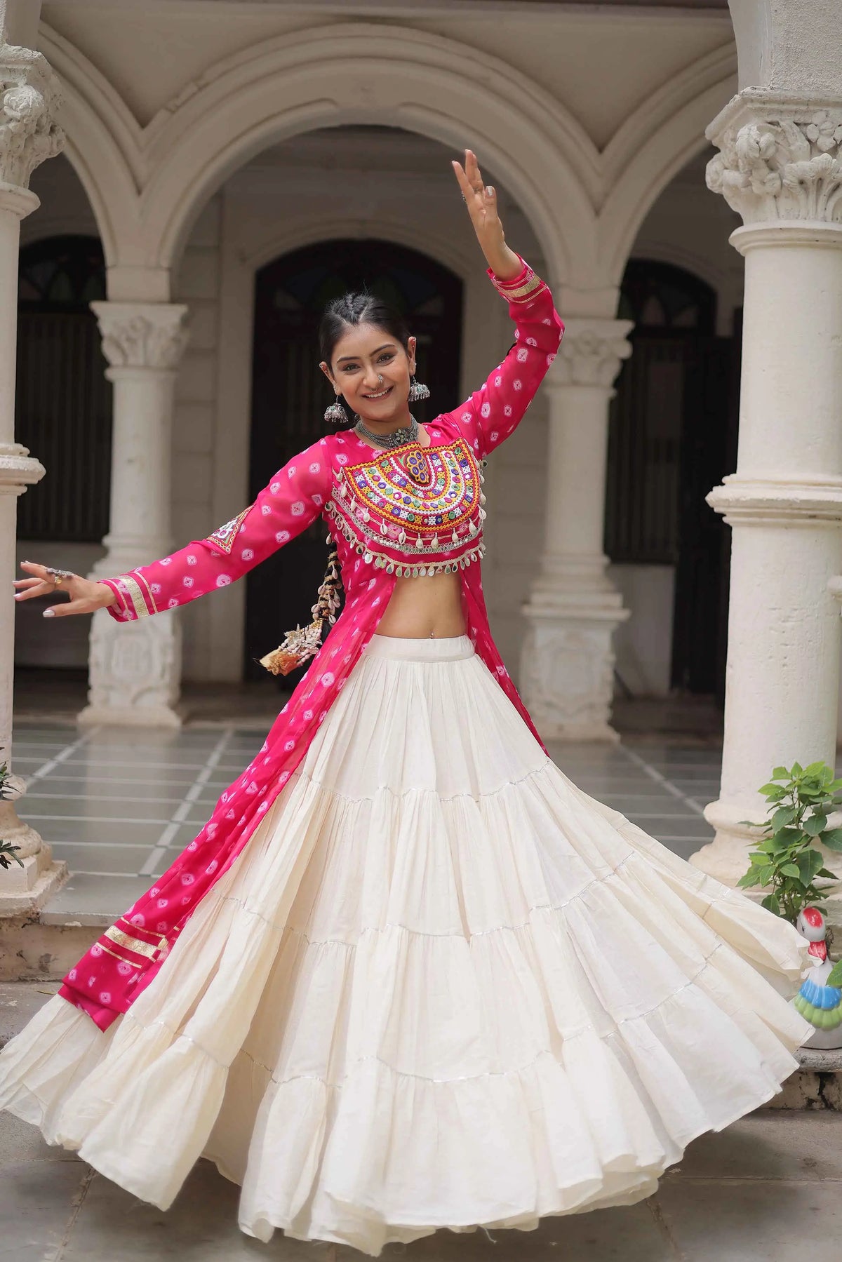 Pink Bandhani Print With Gamthi Patch Work Kurti With Lehenga For Navratri