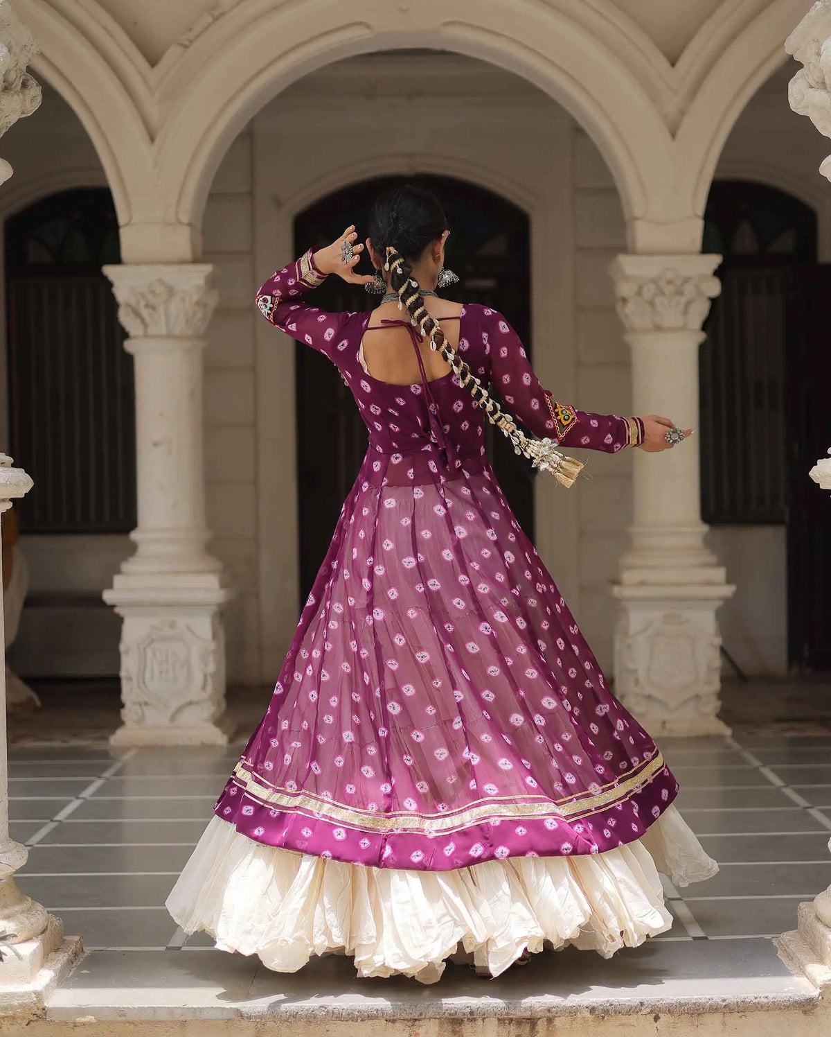 Wine Bandhani Print With Gamthi Patch Work Kurti With Lehenga For Navratri