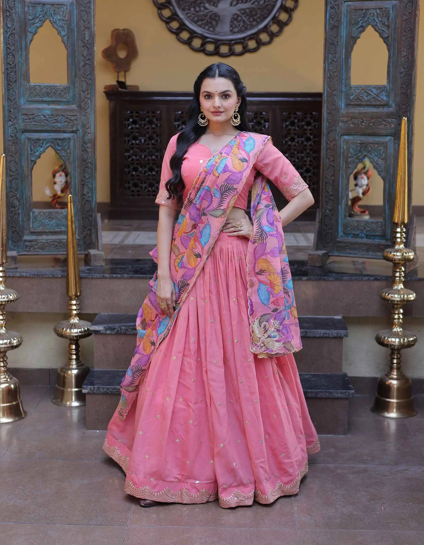 Peach Embroidery Work Lehenga Choli