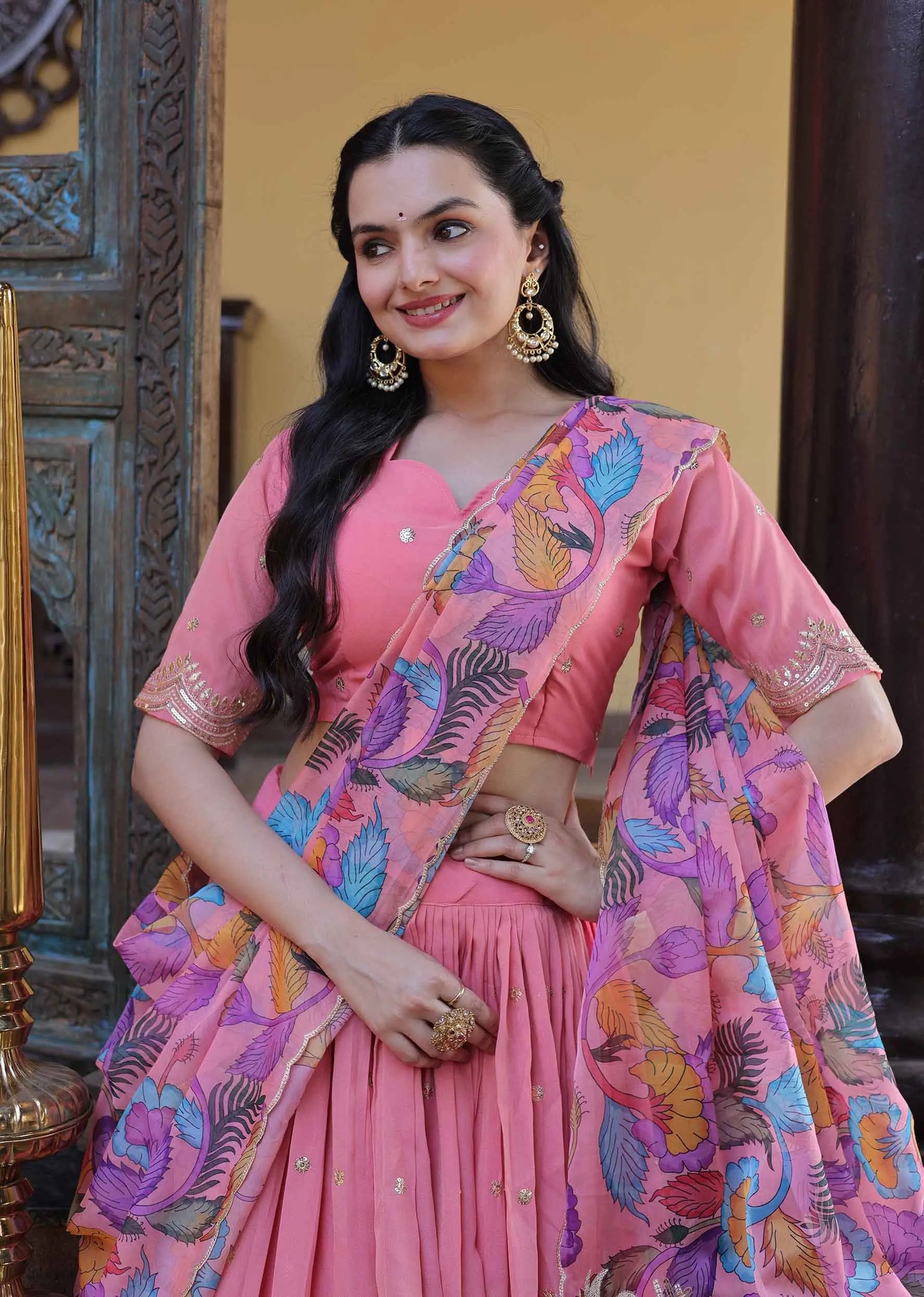 Peach Embroidery Work Lehenga Choli