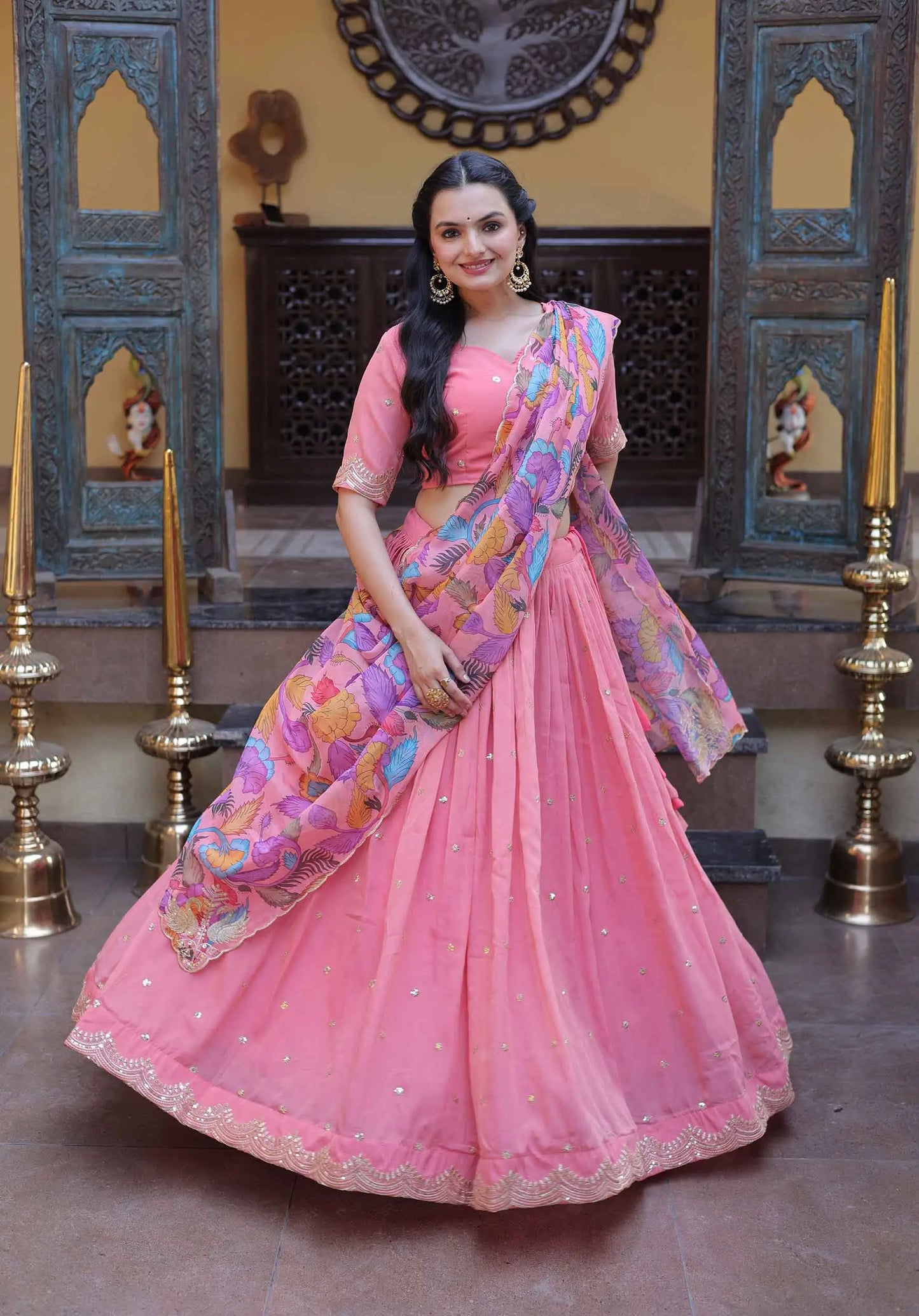 Peach Embroidery Work Lehenga Choli