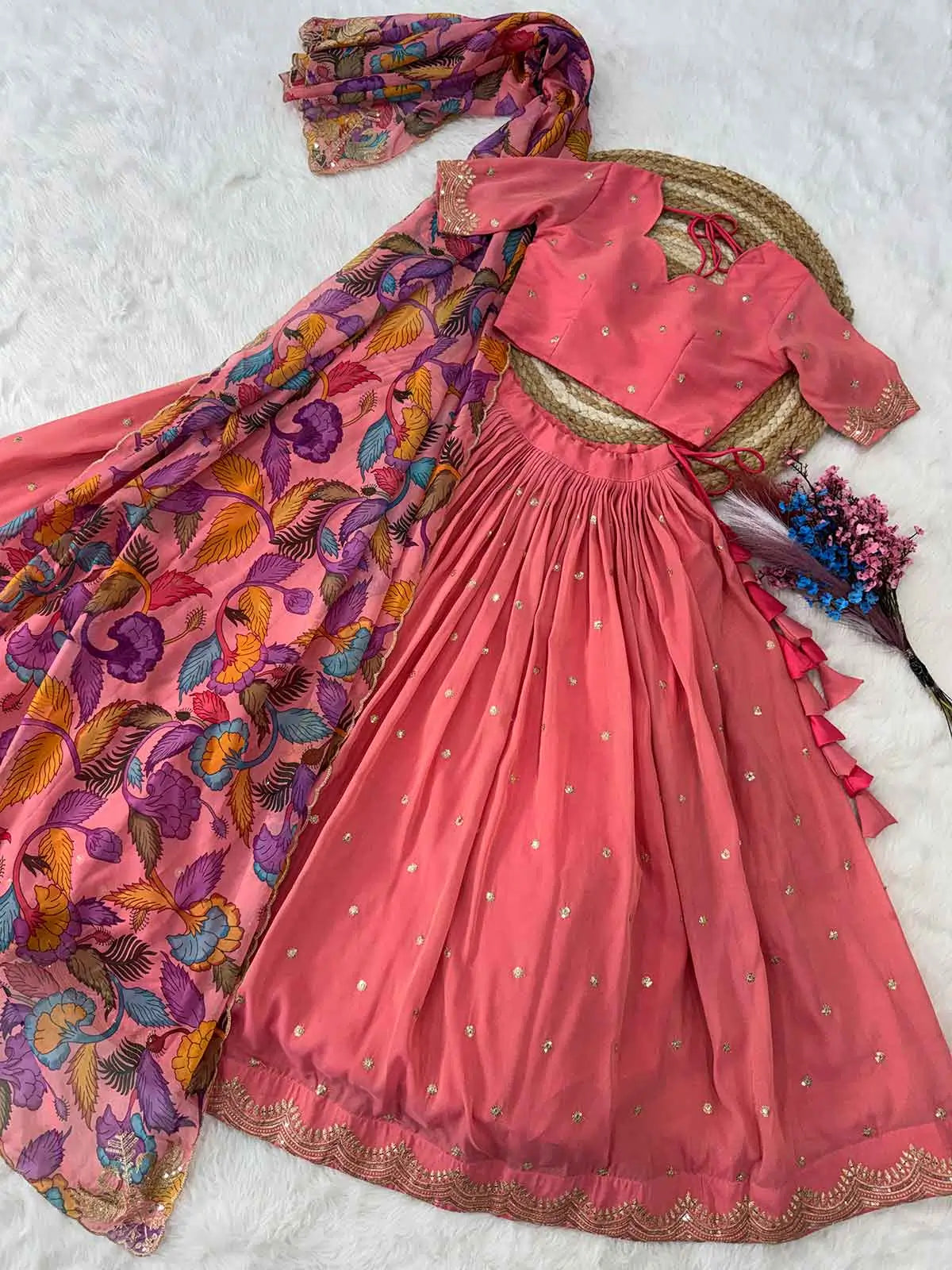 Peach Embroidery Work Lehenga Choli