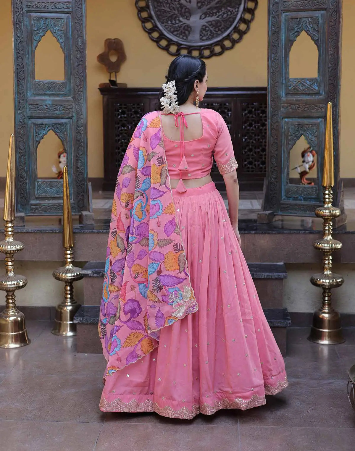 Peach Embroidery Work Lehenga Choli