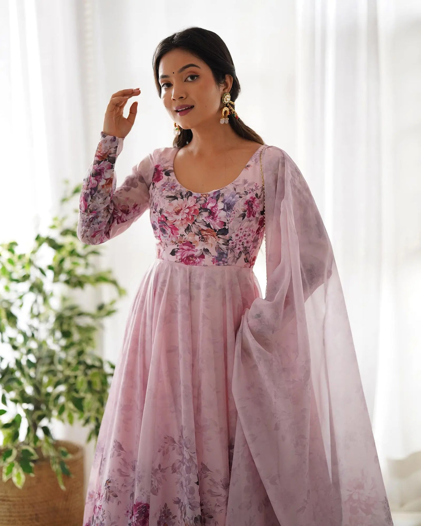 Light Peach Pink Floral Print Organza Gown