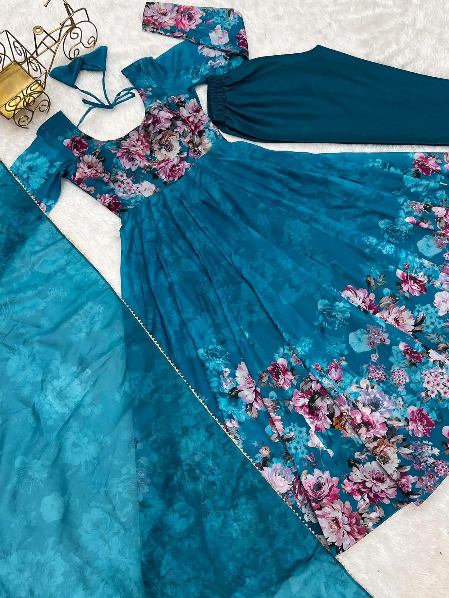 Rama Green Floral Print Organza Gown With Dupatta