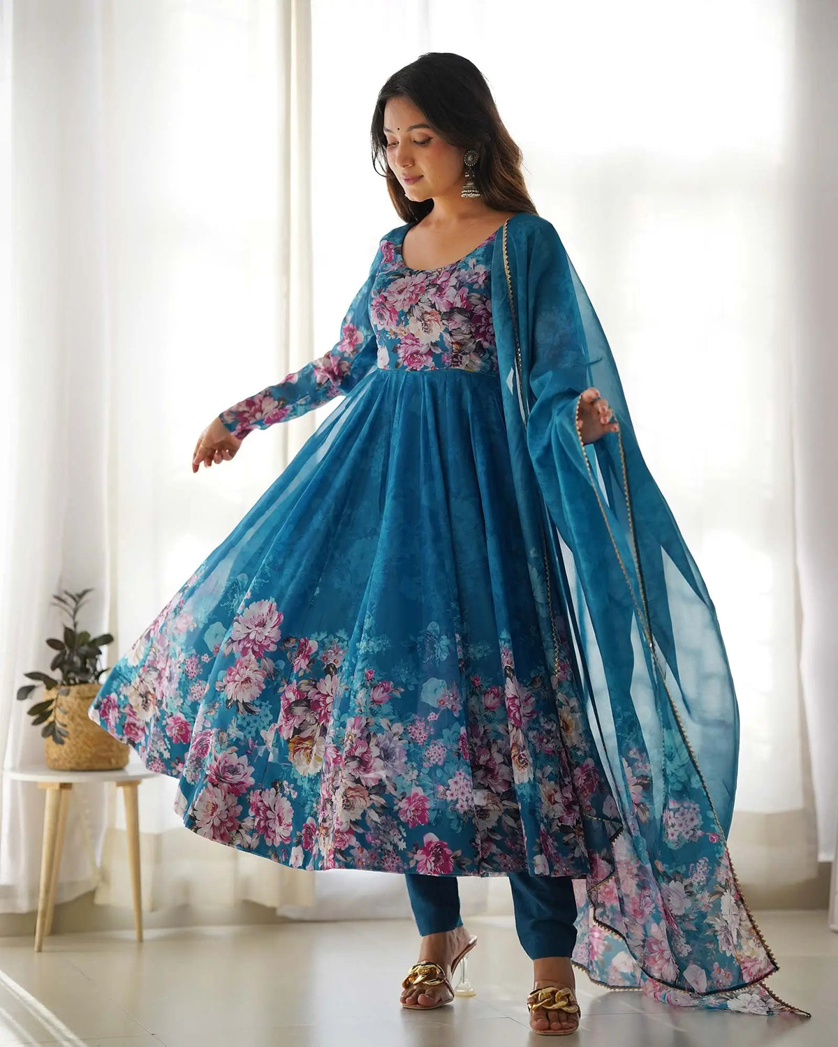 Rama Green Floral Print Organza Gown With Dupatta
