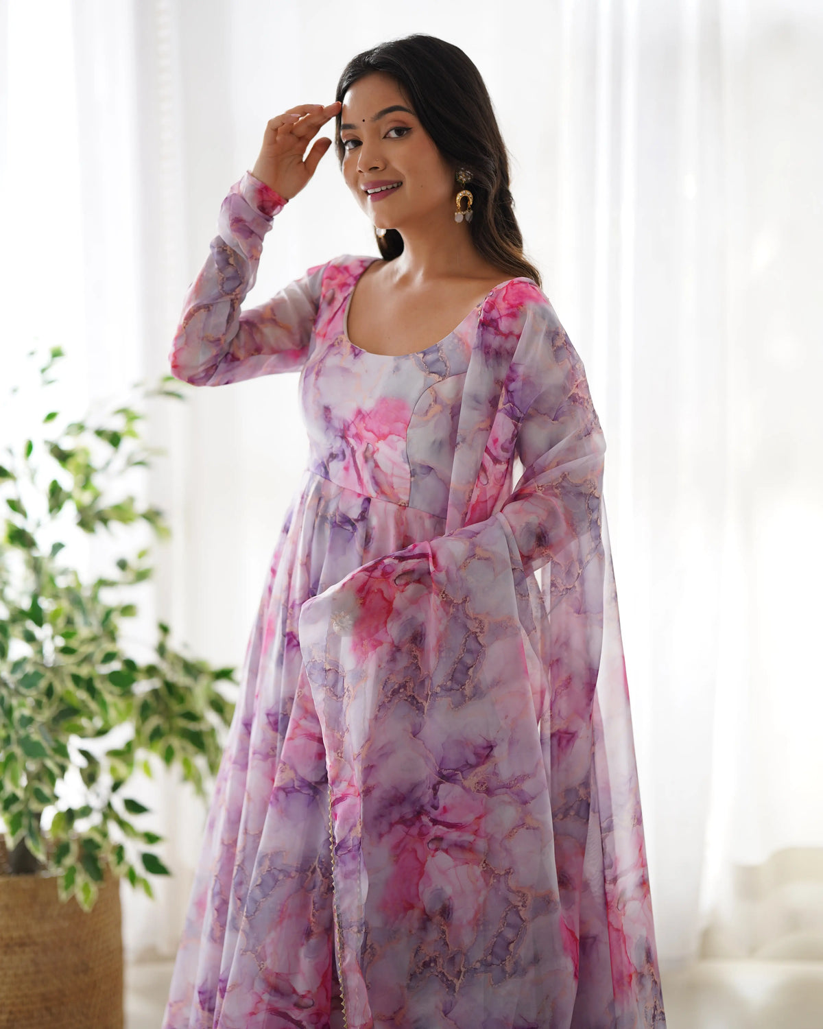 Off White Multi Color  Printed  Organza Anarkali Gown