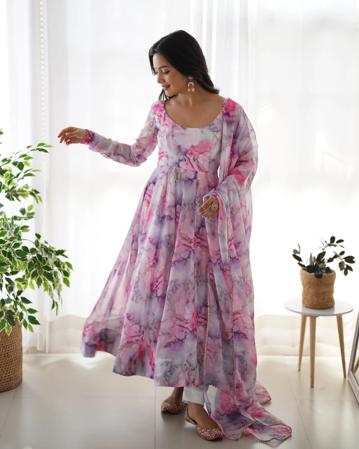 Off White Multi Color  Printed  Organza Anarkali Gown