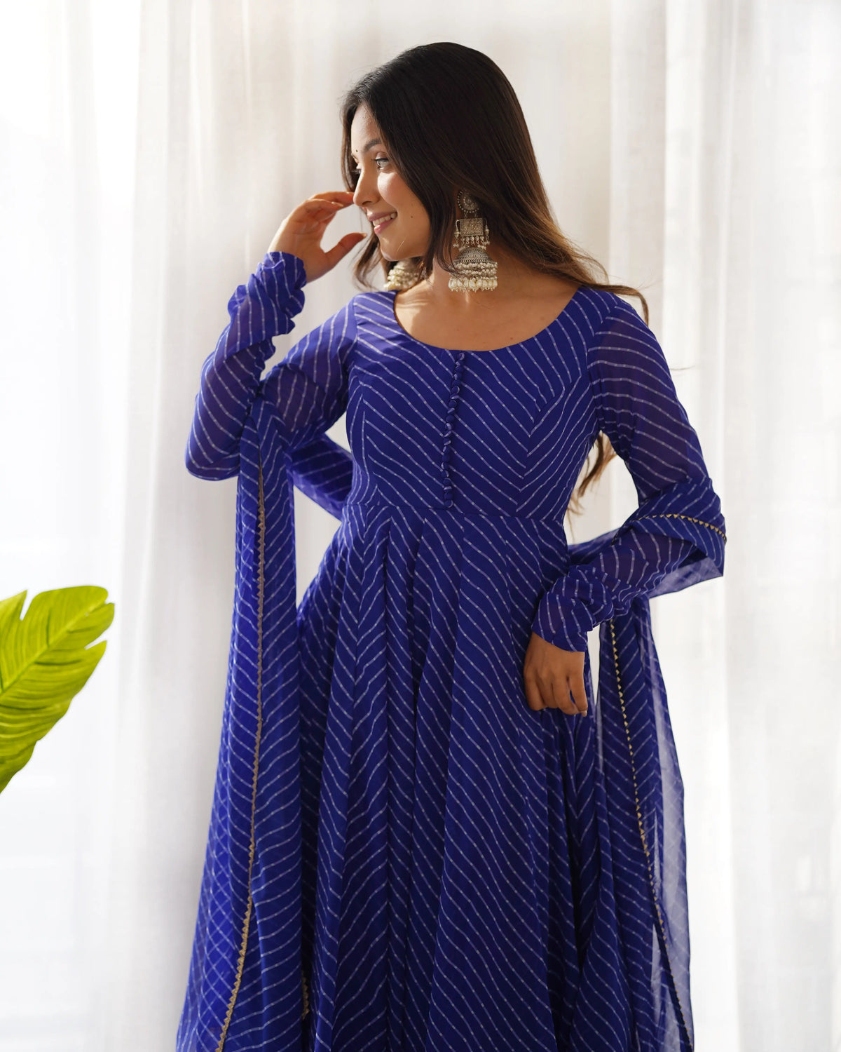 Royal Blue Laheriya Print Georgette Anarkali Gown With Dupatta