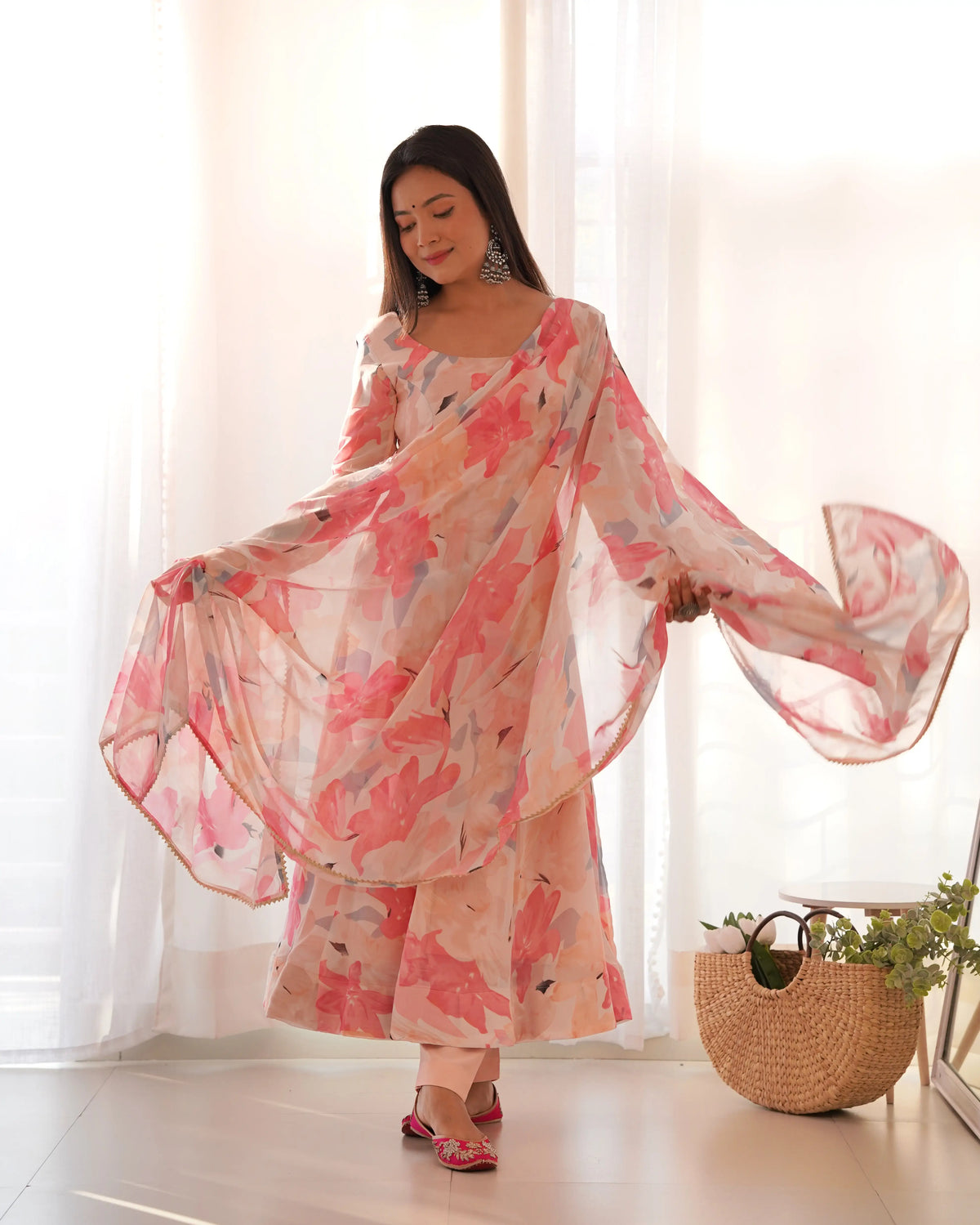 Light Pink Georgette Multi Floral Print Anarkali Gown With Dupatta