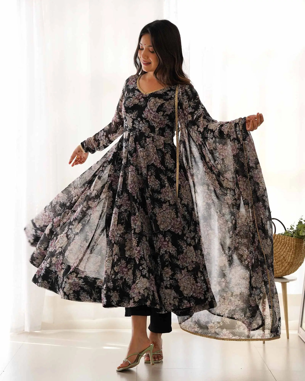 Grey Black Georgette Multi Floral Print Anarkali Gown With Dupatta