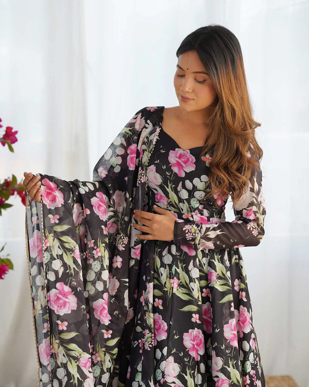 Black Floral Print Organza Gown For Summer