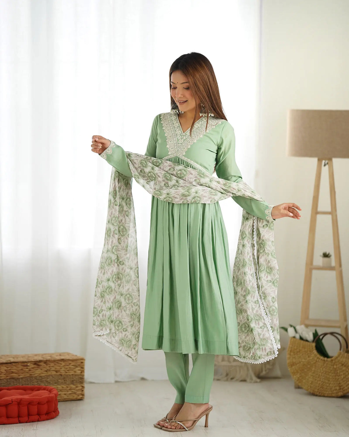 Pista Green Silk Nyra Cut Salwar Suit With Sequins Dori Thread Embroidery Work