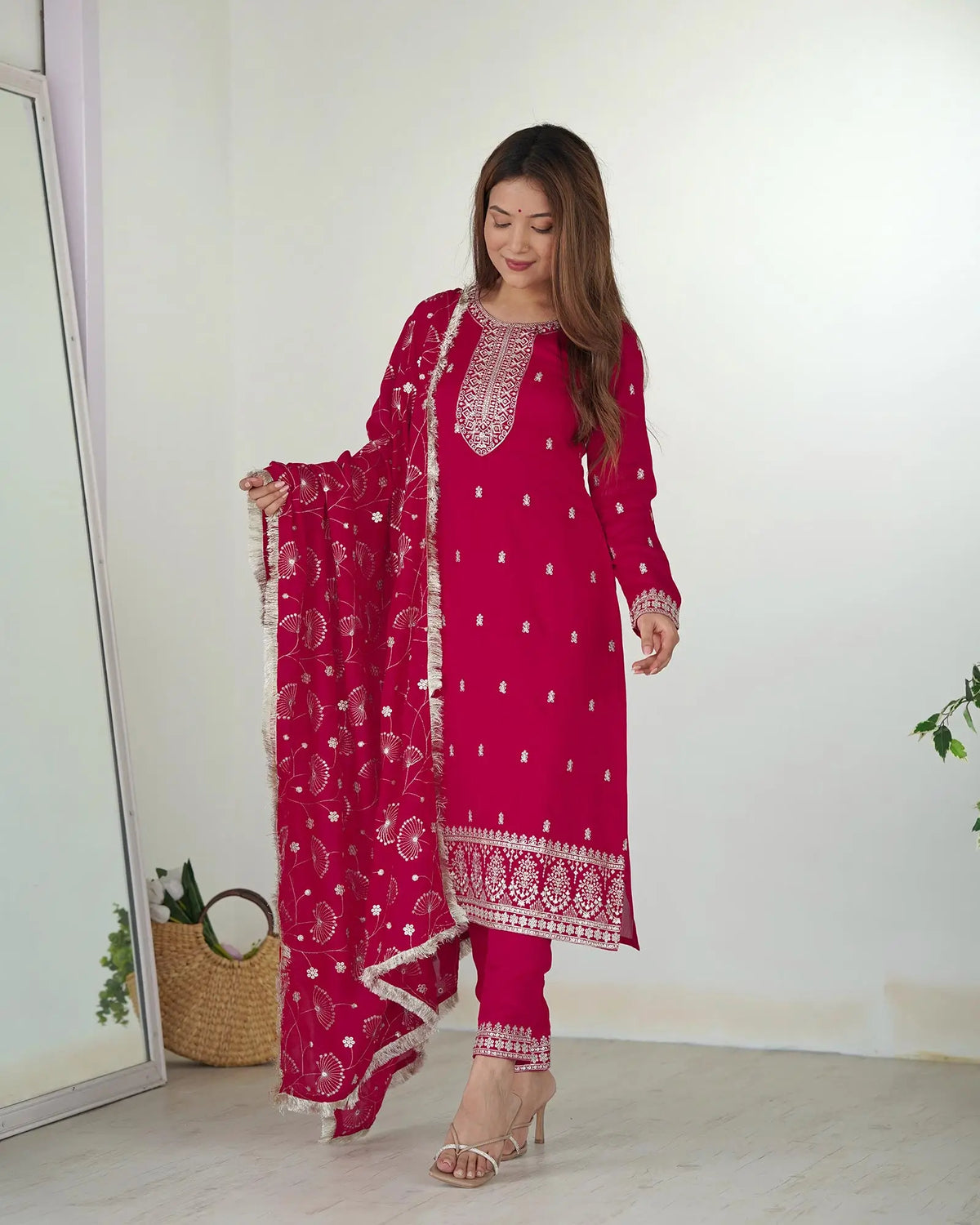 Pink Rangoli Silk Salwar Suit With Sequins Zari Embroidery Work with Heavy Dupatta