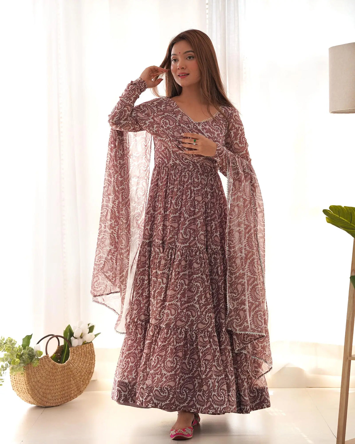 Dark Mauve Georgette Printed Gown With Dupatta
