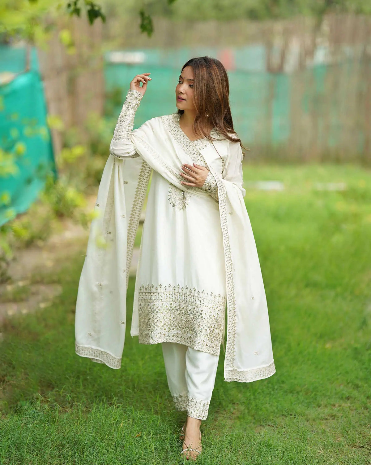 Off White Chinon Silk Straight Salwar Suit With Sequins Embroidery Work