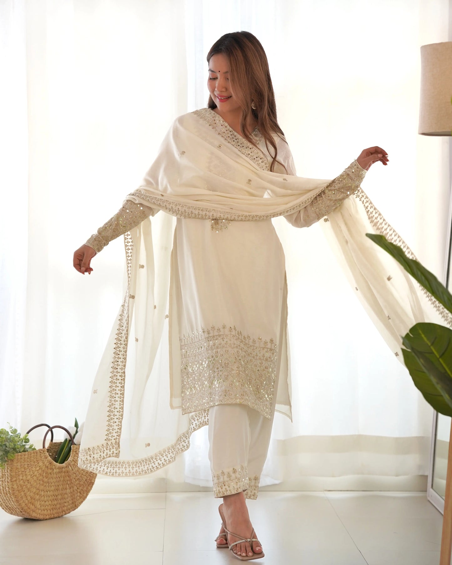 Off White Chinon Silk Straight Salwar Suit With Sequins Embroidery Work