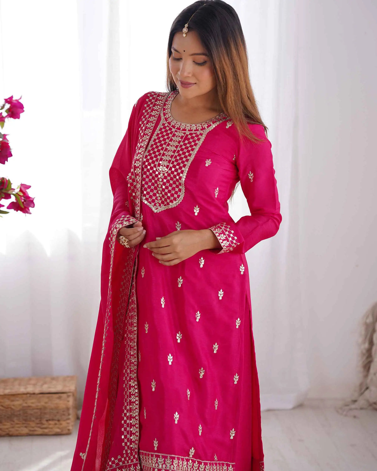 Dark Pink Chinon Silk Salwar Suit With Sequins Zari Embroidery Work with Dupatta