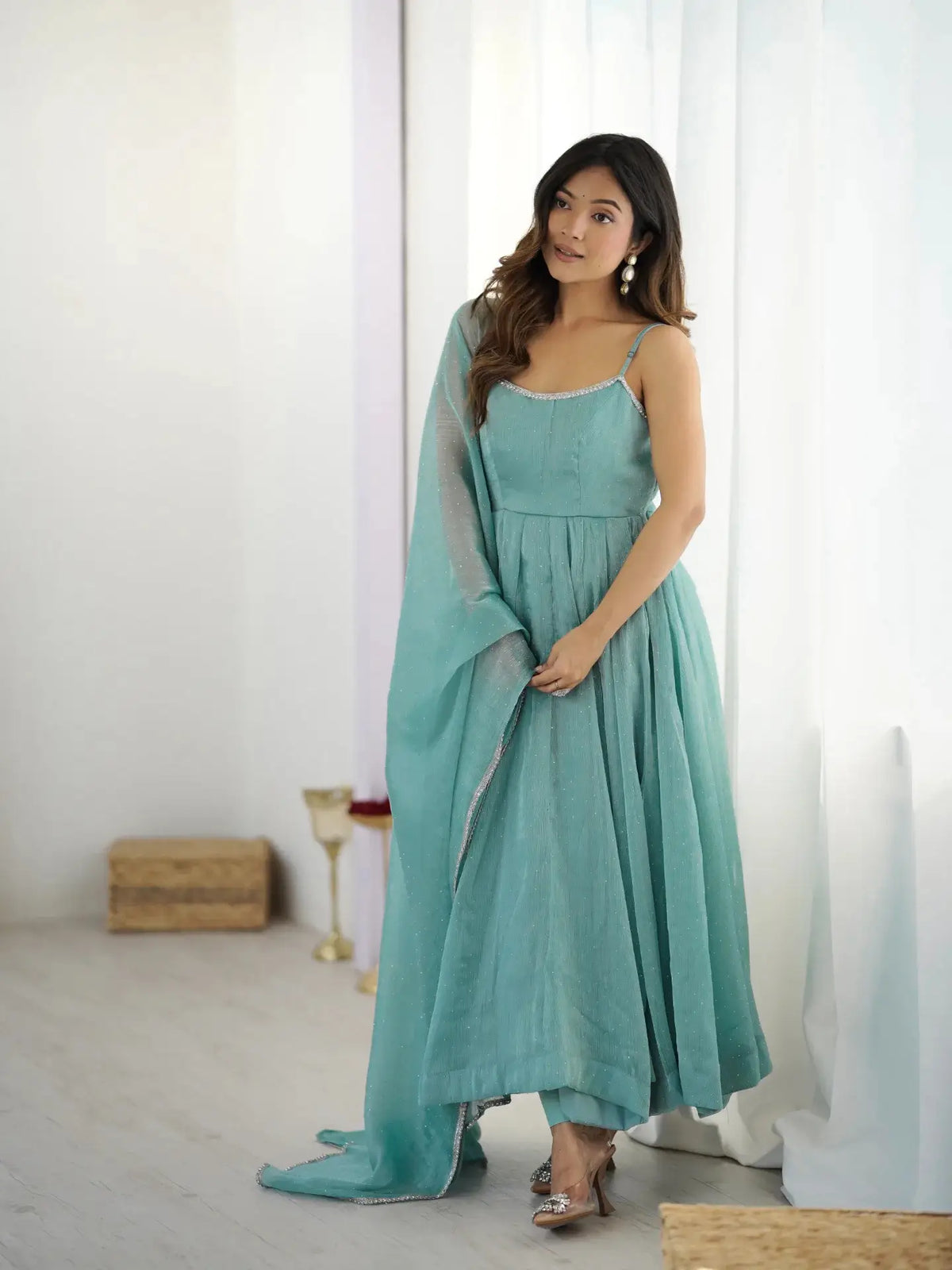 Sky Blue Crunchy Silk With Siroski Work Anarkali Gown And Dupatta