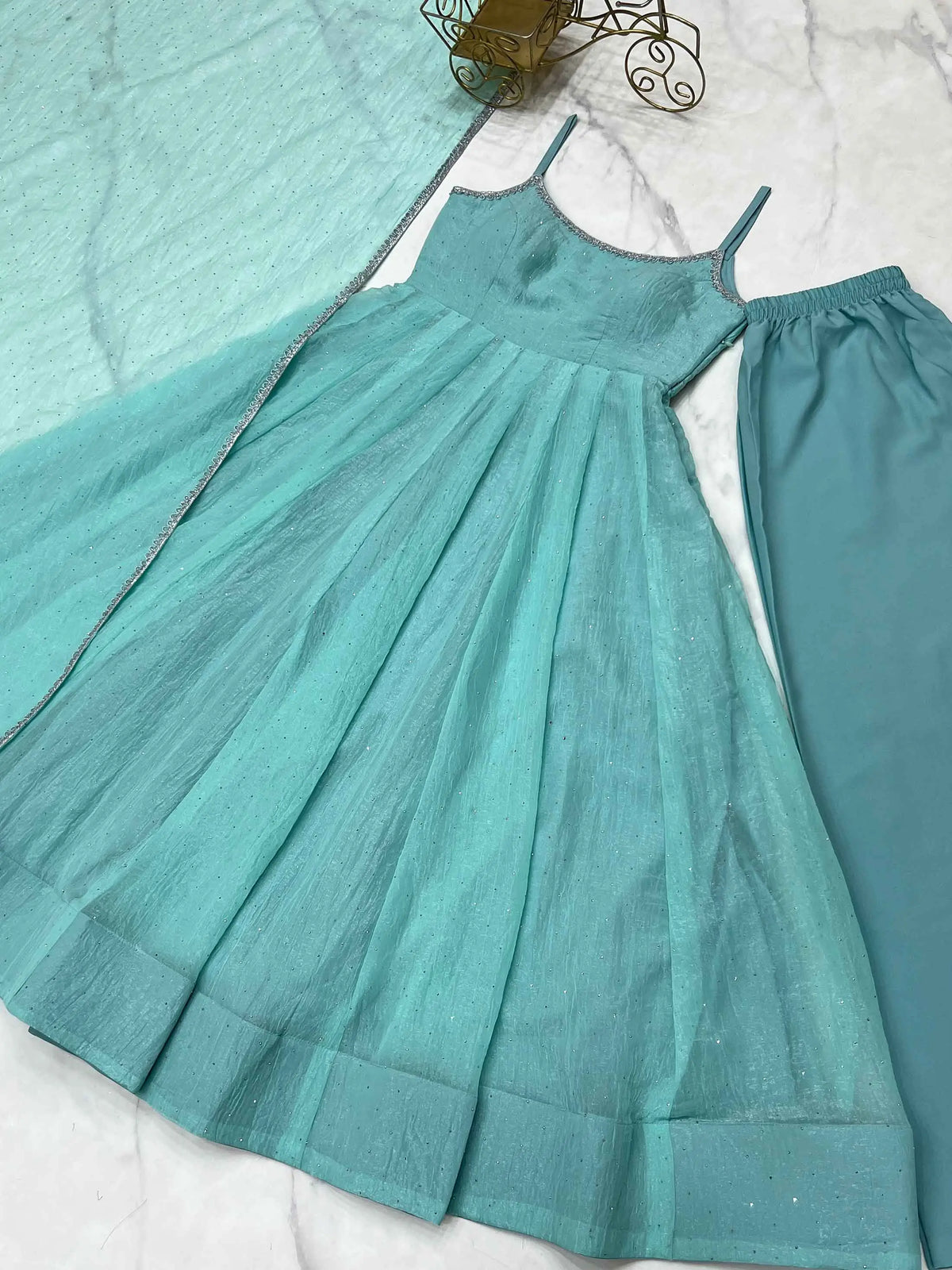 Sky Blue Crunchy Silk With Siroski Work Anarkali Gown And Dupatta